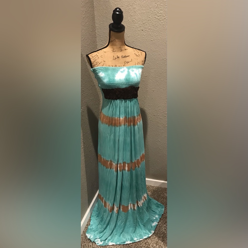 Sky Strapless Turquoise and Brown Dress